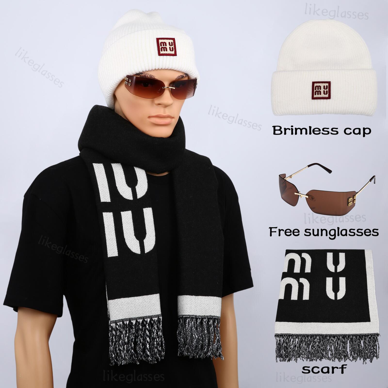 Knit Cuffed mm Beanie Hat and Scarf Set Letter Pattern Fringed Scarf Fall Winter Outfit Accessories Gift with Free Sunglasses