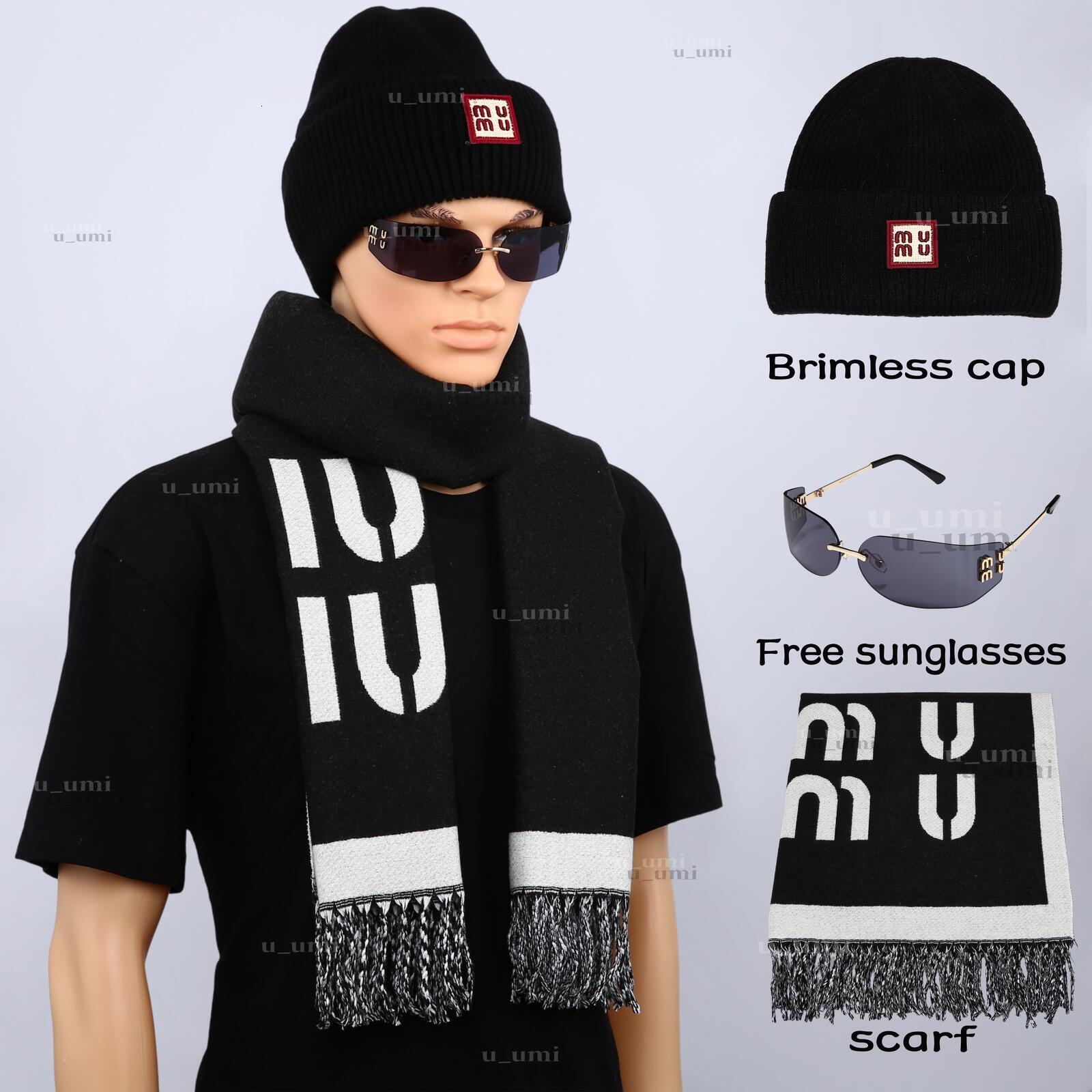 Knit mm Beanie Hat and Set with Cuffed Brimless Cap Letter Pattern Fringed Scarf Fall Winter Outfit Accessories Gift With Free Sunglasses
