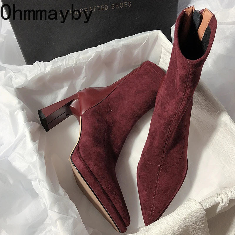 Square High Heel Women Ankle Boots Fashion Zippers Shoes Retro Style Autumn Winter Pointed Toe Ladies Dancing Party Prom Shoes 260928