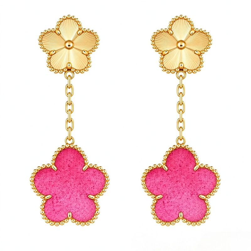 2026 Women Double Four Leaf Clover Drop Earrings 18K Gold Plated Pink Stone Clover Dangle Earring Vintage Designer Style Earings Ear Rings Fashion J