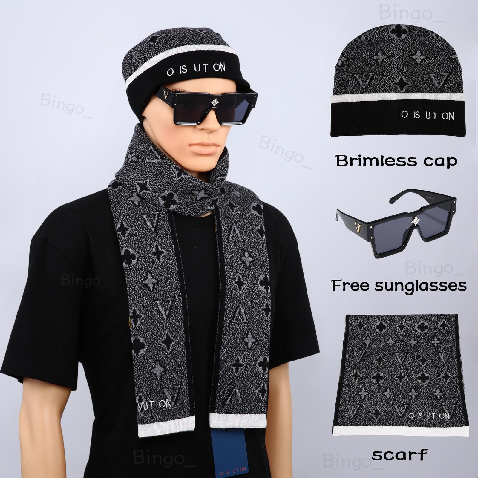 Autumn Winter Three-Piece Set Cuffed Knit Beanie Long Scarf Check Pattern and Letter Details Casual Fashion Accessories Gift Idea with Free Sunglass