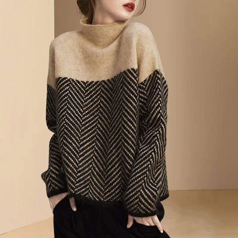 Soft And Comfortable Knitted Women, 2025 Autumn/Winter New Collection, Color-Blocked Design, Thickened Half-Turtleneck Base Layer Sweater For Women