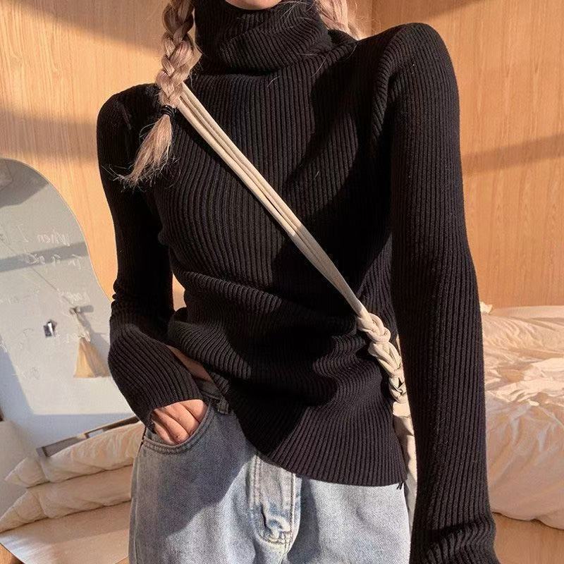 Knitted Sweater Women Korean Version Turtleneck Sweater Winter Solid Color Pullover Slimming Interior Lapping Warm Basic Tops