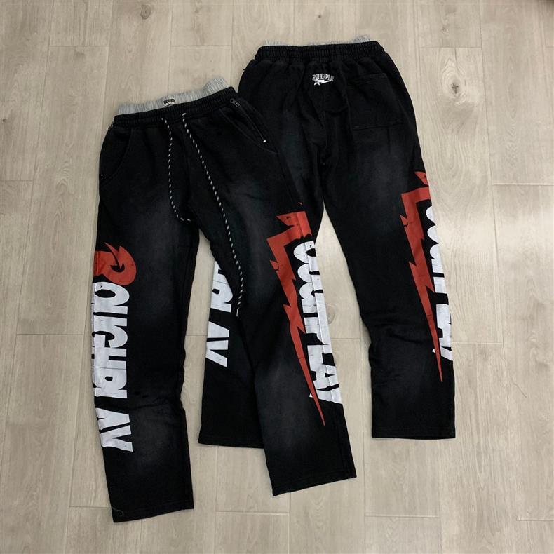 Pantalon RoughPlays pour hommes, pantalon de survêtement baggy délavé Vintage, trous déchirés, Streetwear, jogging décontracté