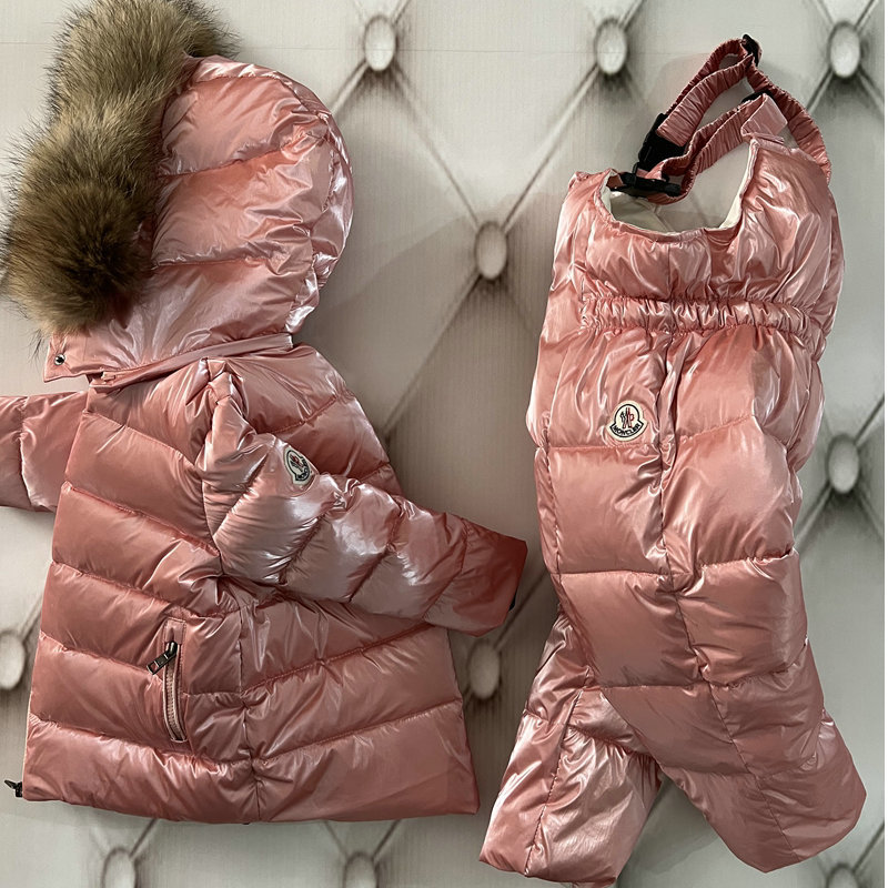 Children's Down Jacket Designer Toddler Winter 2Pcs Down Coat Outfit Fur Trim Hooded Puffer Jacket + Bib Ski Pants Set Kids Thick Warm Snow Sui