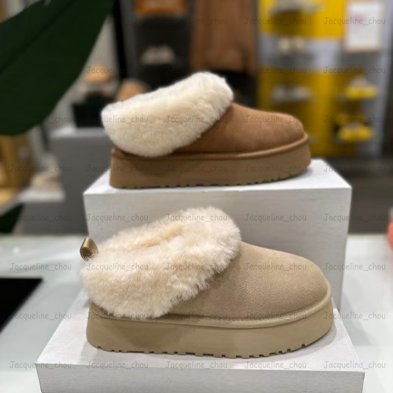 Designer Tazzelle Platform Slippers Winter Fur Slides Tasman Tazz Bow Shoes Chestnut Ultra Mini Boot Women Mens Slipon Outdoor Fluffy Slipper Size 3