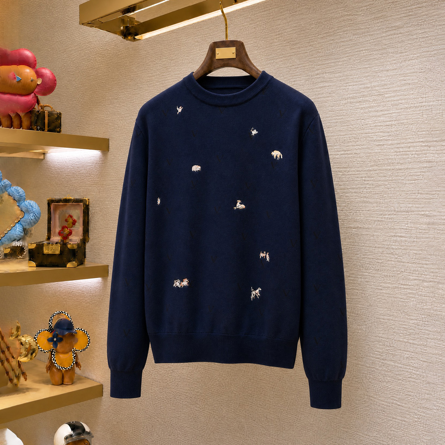 Luxury designer brand high-quality men's men's clothing animal embroidery jacquard logo knitted sweater men's navy blue round neck wo