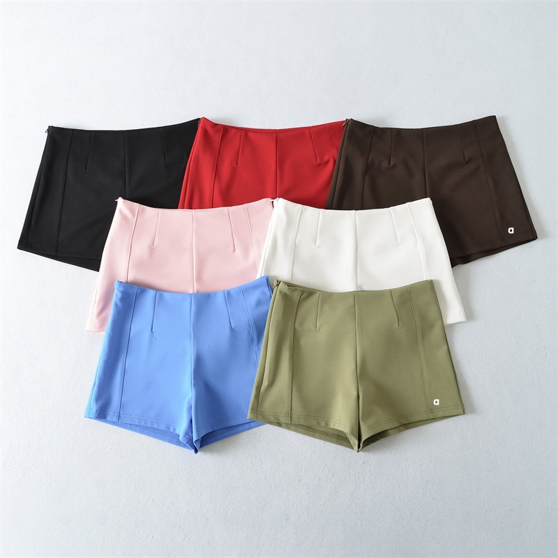 A3042 Short amincissant taille haute à fermeture éclair latérale pour femme Nouveau style d'été pour les petites femmes Couleur unie Tenue ajusté