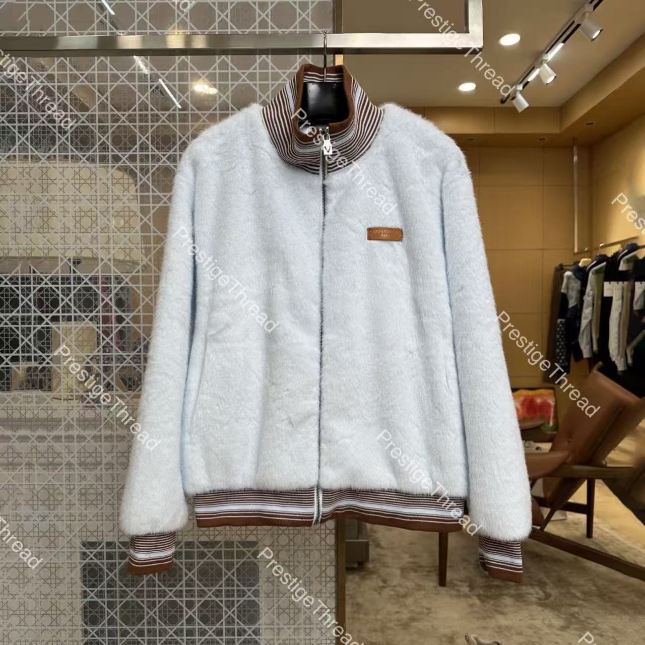 26ss Striped Rib Collar Plush Stand Collar Men's Fur & Faux Fur Designer Mink Fleece Leather Patch Zipper Jacket