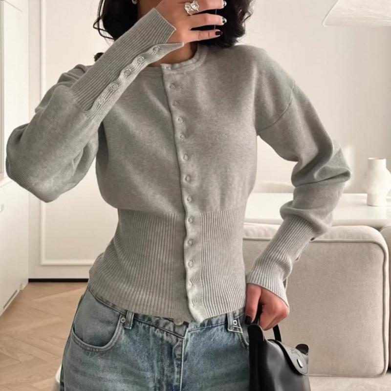 Womens Rib Waist Knit Cardigan Classic Round Neck Long Bubble Sleeve Button Detail Cuff Bodycon Knitwear Sophisticated Casual Attire