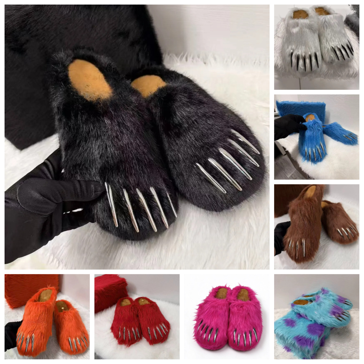 Bravest Studios Bear Claw Designer Furry Slippers Mules Warm Flip Flops Couple Indoor Shoes Women Cotton monster Unisex Animal Boots Fur Slides With