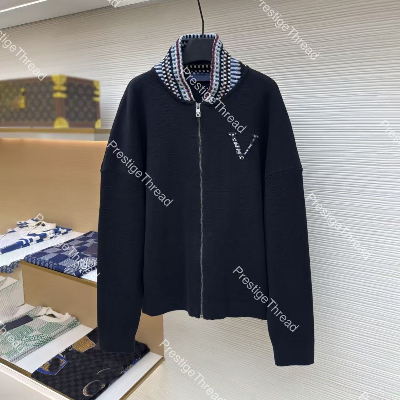 Embroidered Knitted Flight Jacket Designer High-Quality Men's Jackets with Checkered Collar and Letter Applique Knitted Zipper Sweater Coat