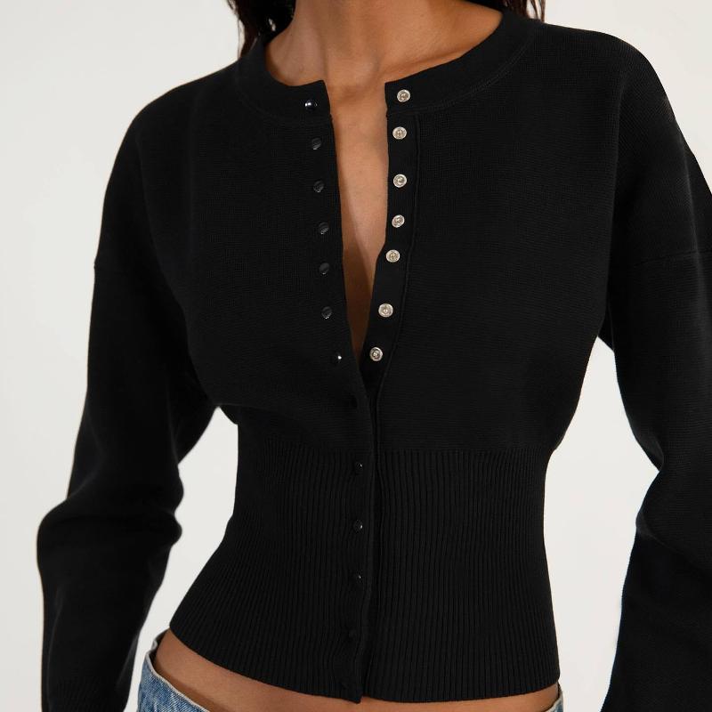 Pull en tricot amincissant pour femme, col rond, manches longues volumineuses, patte de boutonnage sur le devant, ourlet côtelé, streetwear éléga
