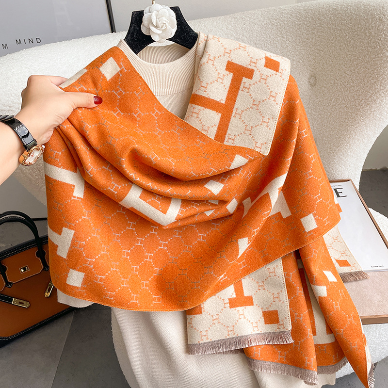 Women Letter Geometric Tassel Scarf, Pink Grey Double Sided Soft Warm Winter Shawl Wrap