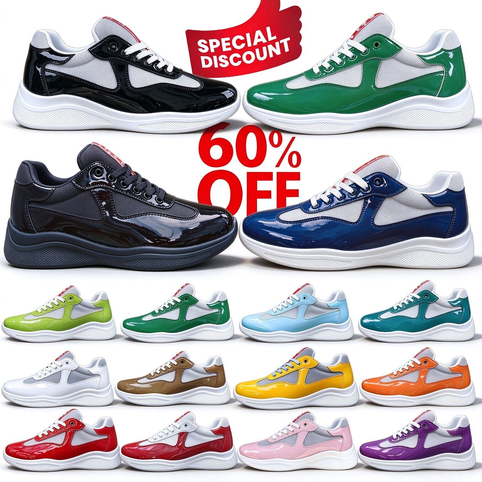 P family designer Americas cup Men Women sneaker patent leather round toe chunky lace-up low cut casual shoes multi color Size 36-47 Trigrace sneake