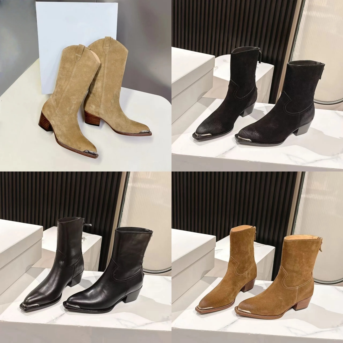 Brown Boot Designer Luxury Woman Cowgirl Suede Leather High Heel Square Toe Gold Fashion Casual Footwear Quality Comfort Modern Stylish Trendy Forma