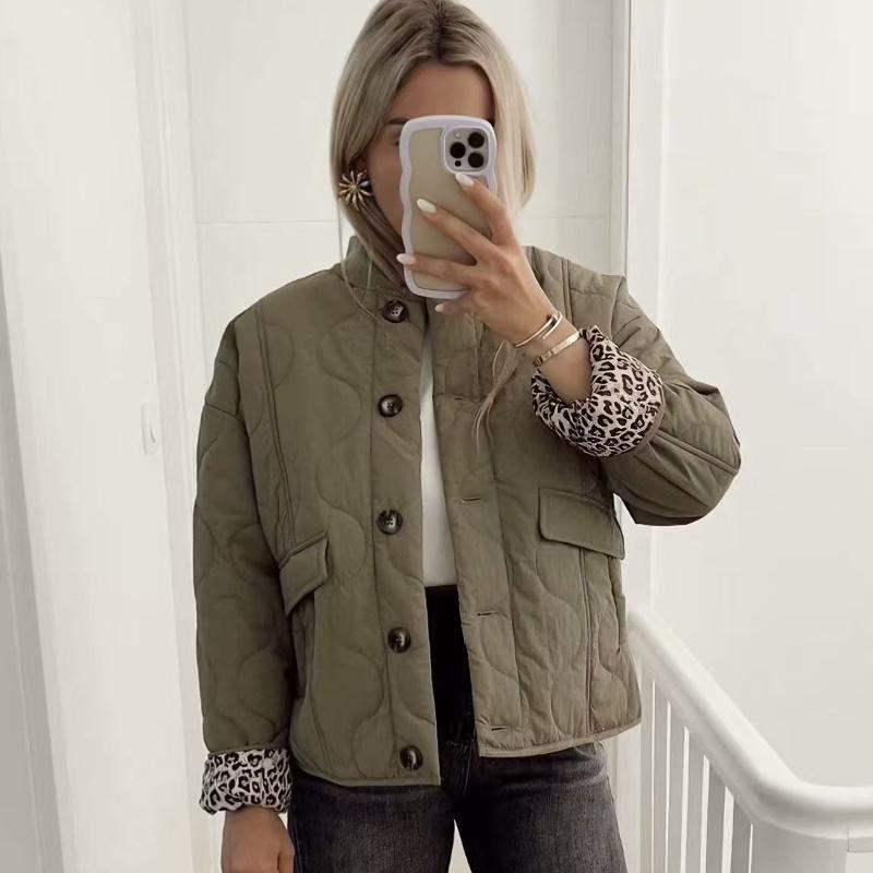 Women Quilted Jacket Stand Collar Long Sleeve Single Breasted Coat Leopard Print Lining Roll Up Cuff Side Pockets Loose Fit Casual Outerwear