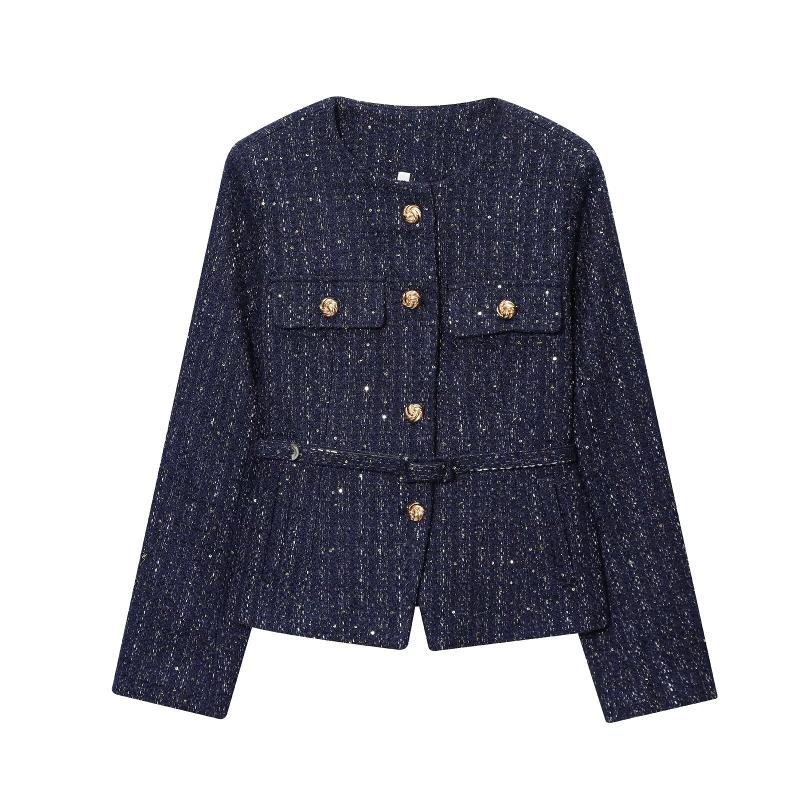 Veste à ceinture tissée scintillante pour femme, sans col, manches longues, fermeture en laiton, tenue sociale raffinée, automne hiver, pardessus