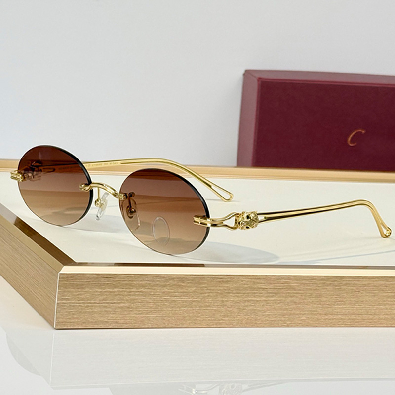 Lunettes de soleil en métal sans cadre CT0648S Hommes Femmes À La Mode Ovale Brun Lentilles Panthere Métal Miroir Jambes Affaires Conduite Plage