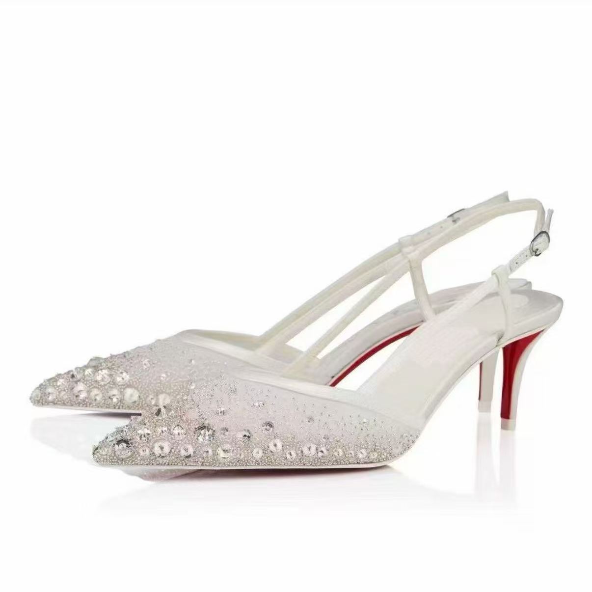 Designer-Damen-Slingback-High-Heels mit Strasssteinen, spitze Zehensandalen mit Stiletto-Absatz, weiße, mit Kristallen verzierte rote Sohle, Party-H