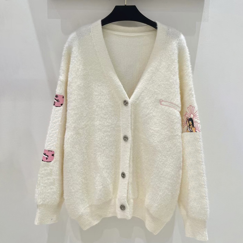 Designer Fall Winter Knit V Neck Fleece Cardigan Long Sleeve Loose Fit Women's Single Breasted Knit Jacket with Cartoon Print Outerwear 29