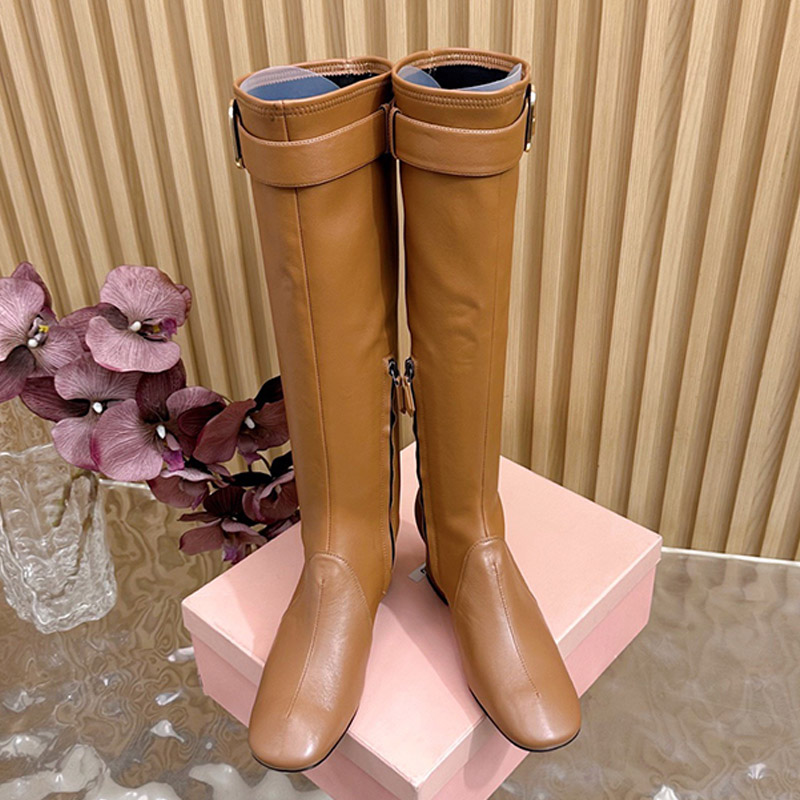 Ladies Nappa Leather Boots Buckle Classic Design Printed Button Exquisite Half Zip Closure Sid Fashion Retro High Top Womens Boots