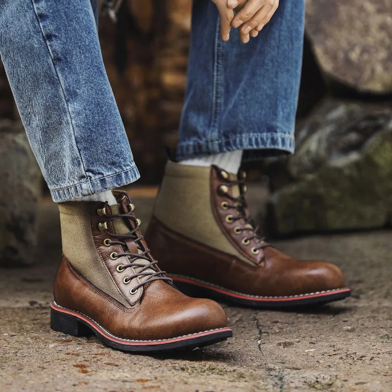 Men's Leather Boots er Handmade Men's Short Boots Comfortable Warm Motorcycle Boots High Quality Lace-up Cowboys Boot 2026 260928