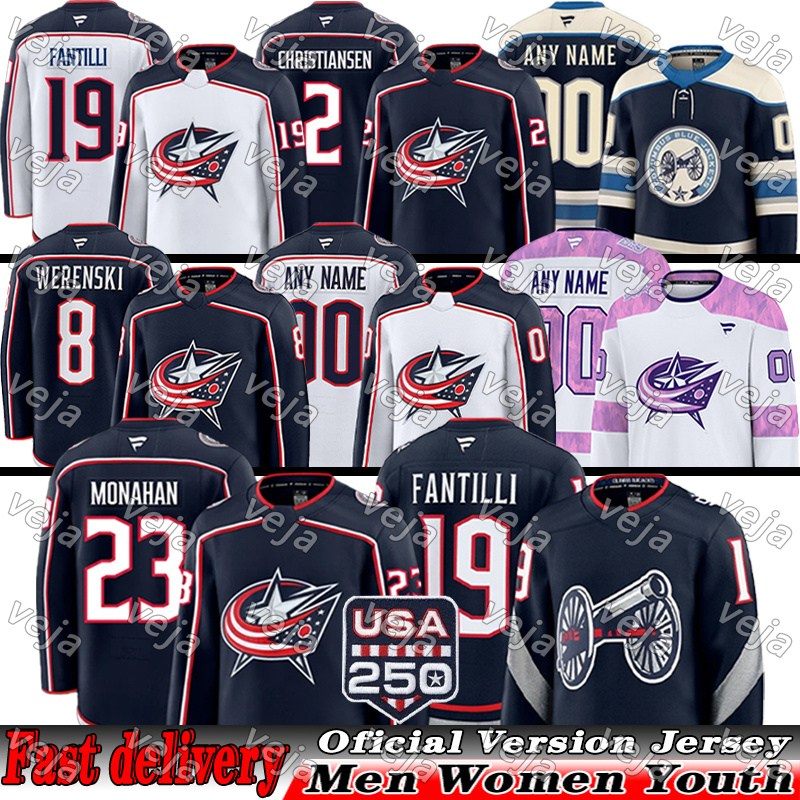 # 38 Boone Jenner Maillot de hockey Columbus Maillot de vestes bleues # 23 Sean Monahan Adam Fantilli Kirill Marchenko Johnny Gaudreau Merzlikins