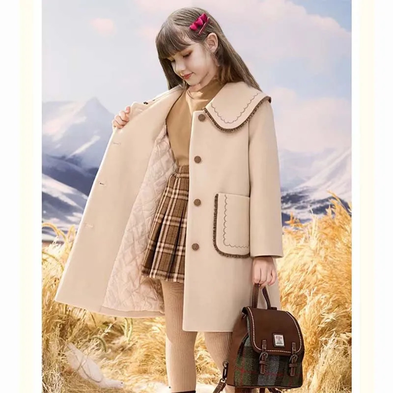 Spring Autum Jacket Long Girls 3 To 14 Years Kids Clothes Korean Thicken Woolen Coat Whole Outerwear Child Fashion Overcoat 261016