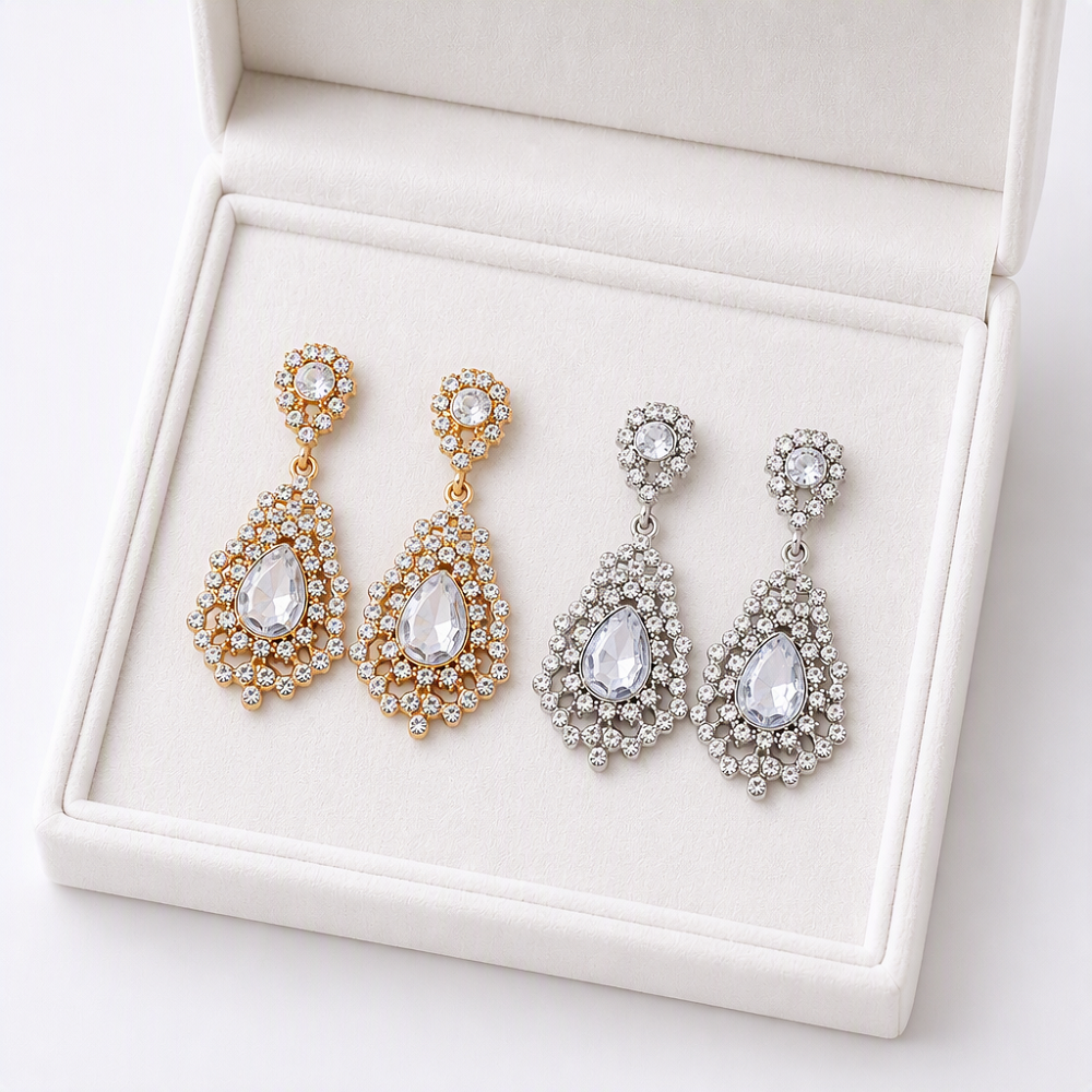 Boucles d'oreilles en strass doré avec goutte d'eau en cristal clair et treillis à deux niveaux pour femmes, cadeau de fête, vente en gros