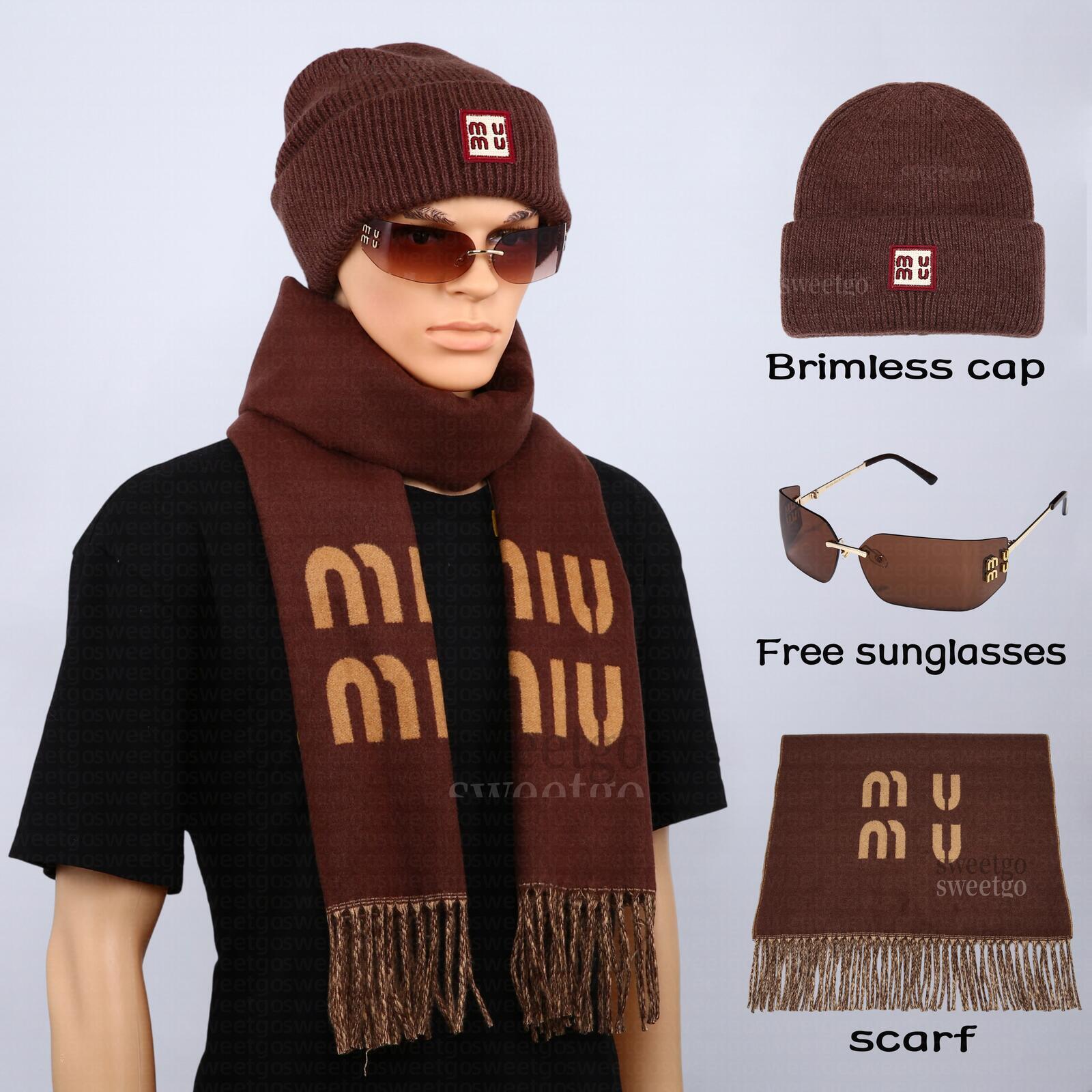 Knit mm Beanie Hat and Set Cuffed Brimless Cap Letter Pattern Fringed Scarf Fall Winter Outfit Accessories Gift with Free Sunglasses