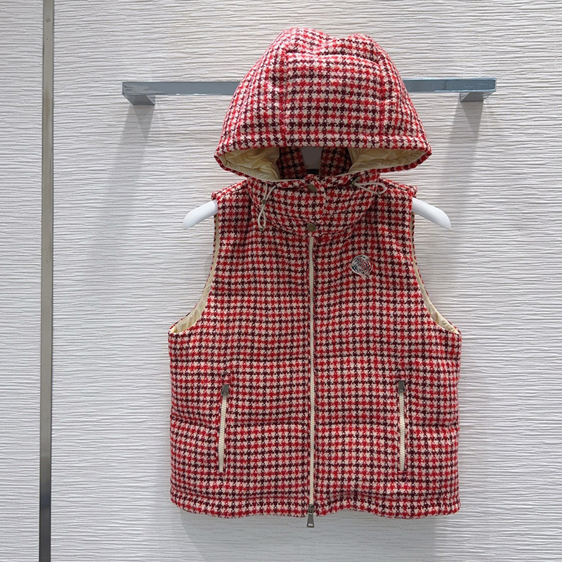 Women Plaid Hooded Puffer Vest Sleeveless Down Gilet Quilted Waistcoat Outerwear