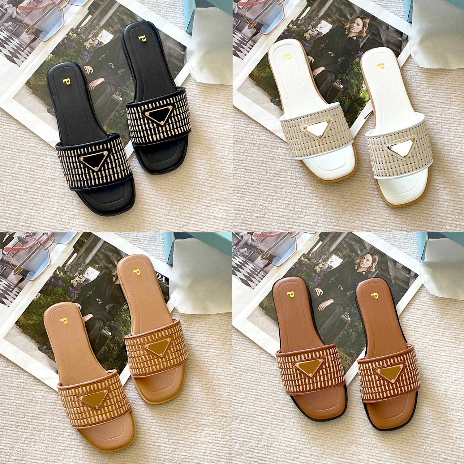 Top quality Woven Strap Slide Flat Open Toe Sandals Vacation travel luxurys Slippers Genuine Leather Women Outdoor Triangle Mules Designer Summer Ca