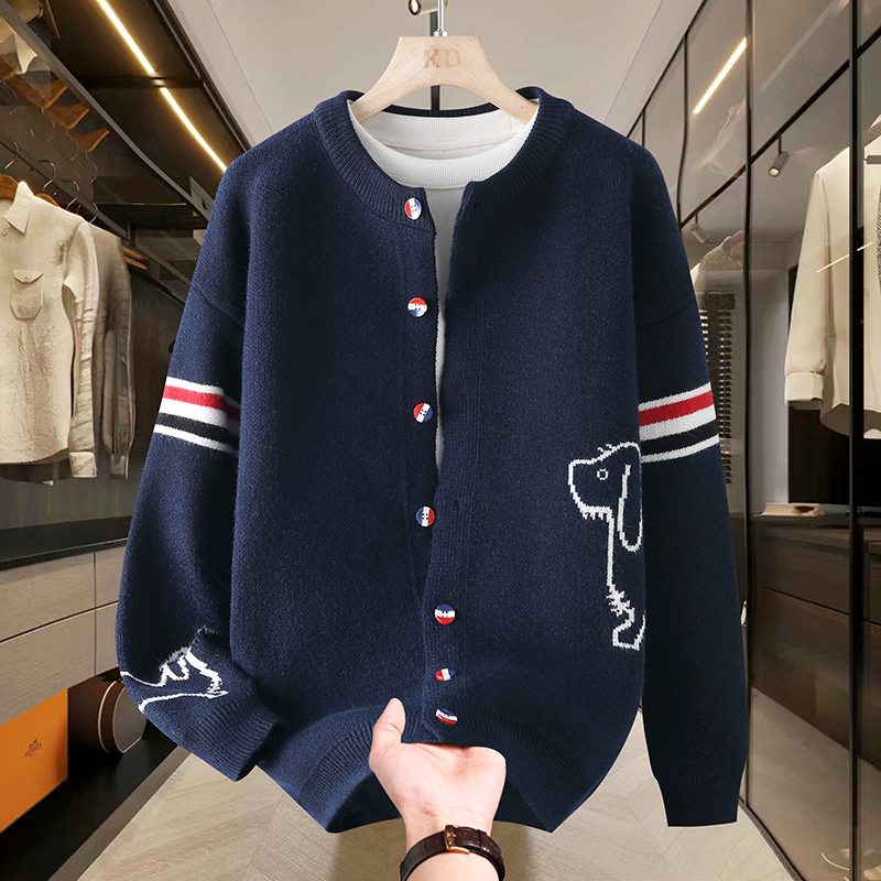 New Autumn Winter Sweater Jacket, Single Breasted Knitted Pattern Embroidered Cardigan, British Fashionable Men's Clothing MAKOUFEI