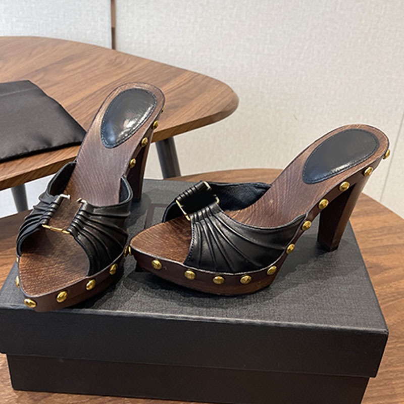 Elegant lady Halloween smooth leather BABYLONE clogs Classic unique tapered wooden block heel almond peep toe mule sandals Women leather sole sexy c