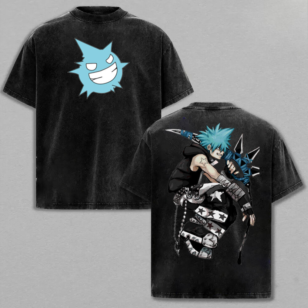 Washed Tee Manga Soul Eater Black Start Printed Tee Men Short Sleeve Clothing Washed Cotton T-shirt Vintage Casual T Shirt Harajuku Tshirt oversize