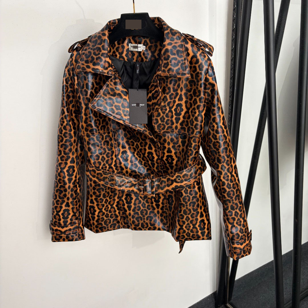 Designer Jackets Women's Leopard Print PU Leather Jacket Glossy Patent Finish Slim Fit Belted Coat for Fall Streetwear