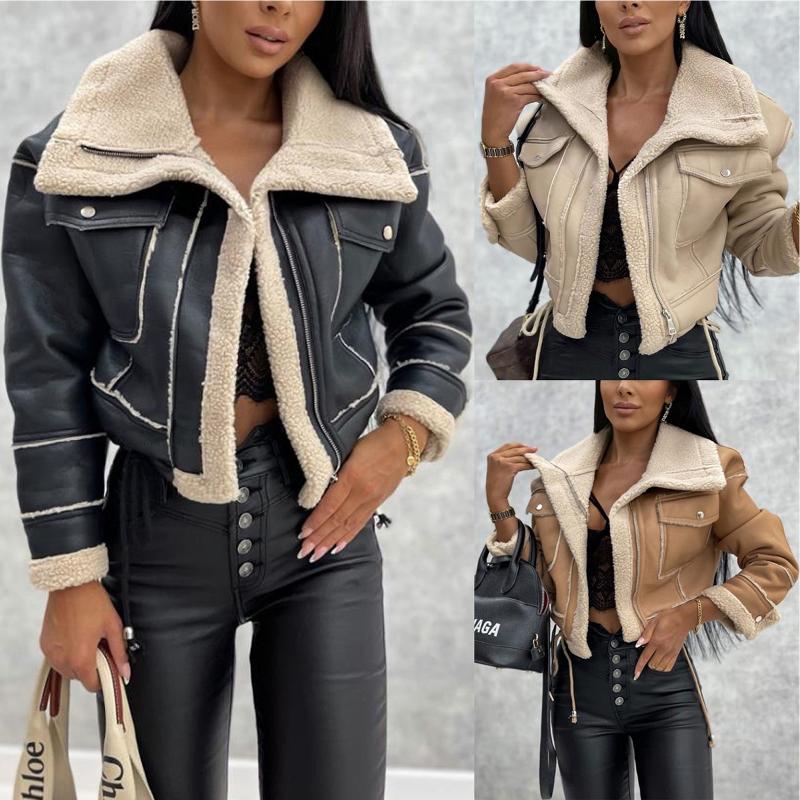 Women Faux Leather Shearling Jacket Lapel Collar Zip Front Long Sleeve Flap Pockets Cropped Warm Winter Biker Outerwear Casual Street Coat