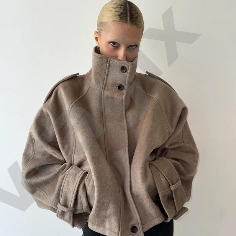 Women Stand Collar Wool Blend Coat Batwing Long Sleeve Button Front Shoulder Tab Oversized Loose Fit Cropped Fall Winter Outerwear