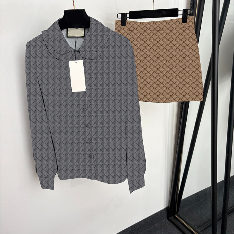 Women Retro Jacquard Shirts Set Peter Pan Collar Thin Breathable Blouses A Line Mini Skirts Office Formal Event Skirt Suit for Women