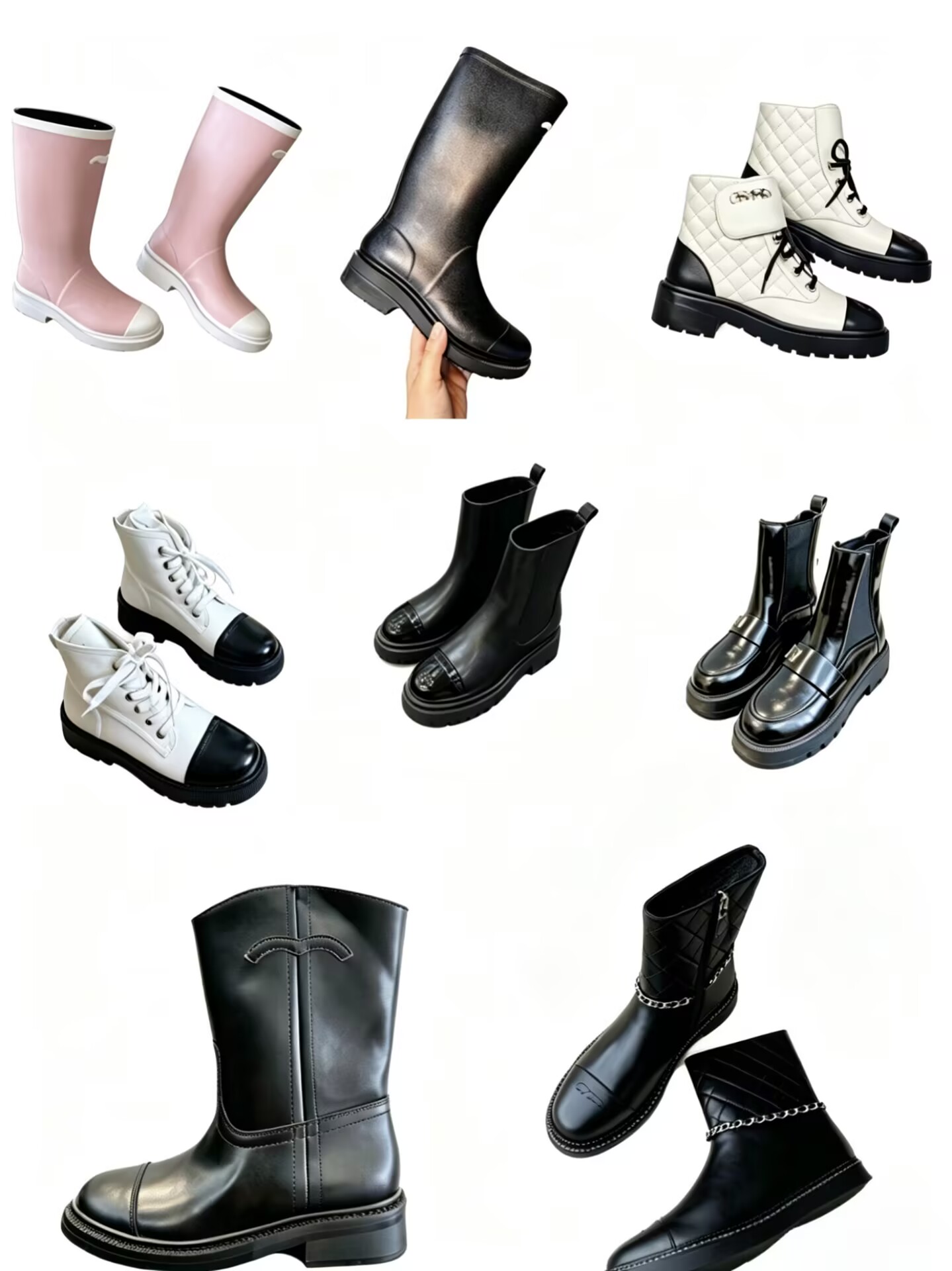 CC Womens Leather Low-Heeled Ankle Boots Designer Women Boots- Shiny Round-Toe Knight Boots for Autumn and Winter- Rain Boot-High-Quality