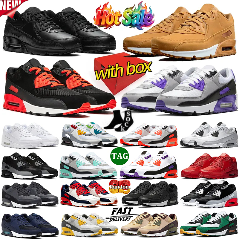 With box free shipping 90 Men Running Shoes 90s Mens Trainers durable outdoor breathable sneakers comfort Triple Black White Leather Smoke Grey Chau