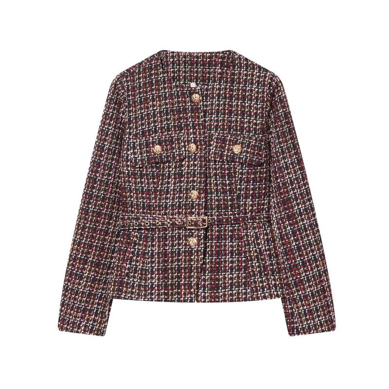 Women Tweed Jacket Round Neck Long Sleeve Gold Button Belted Waist Flap Pockets Cropped Outerwear Elegant Fall Winter Formal Daily Textured Coat