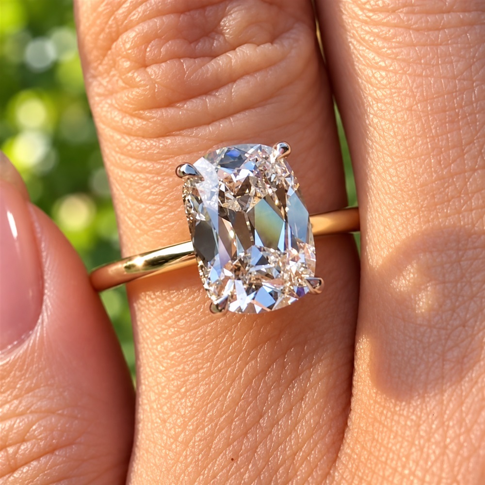Old Mine Cut Moissanite Ring 9K 10K 14K 18K Solid Yellow Gold GRA Certified Elongated Cushion Four Prong Slim Band Engagement