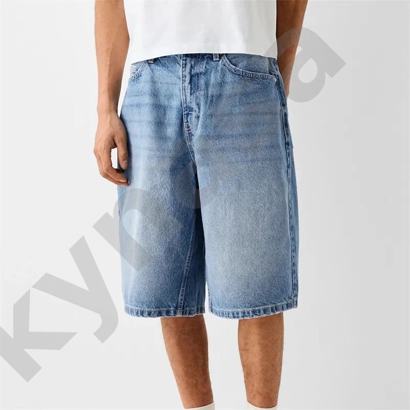 Men Trendy Baggy Wide Leg Knee Length Denim Jorts Heavyweight Fabric Contrast White Stitching Classic Five Pocket Casual Skate Streetwear Shorts