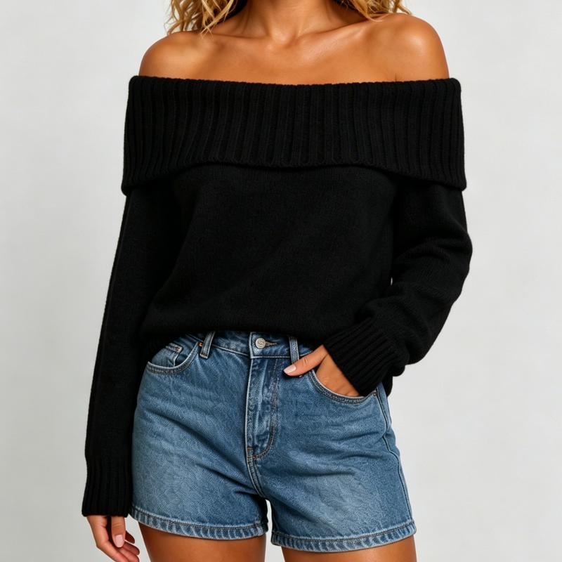 Pull en tricot à épaules dénudées pour femme, col côtelé, manches longues, coupe ample, doux, tricoté, décontracté, automne hiver, élégant, haut