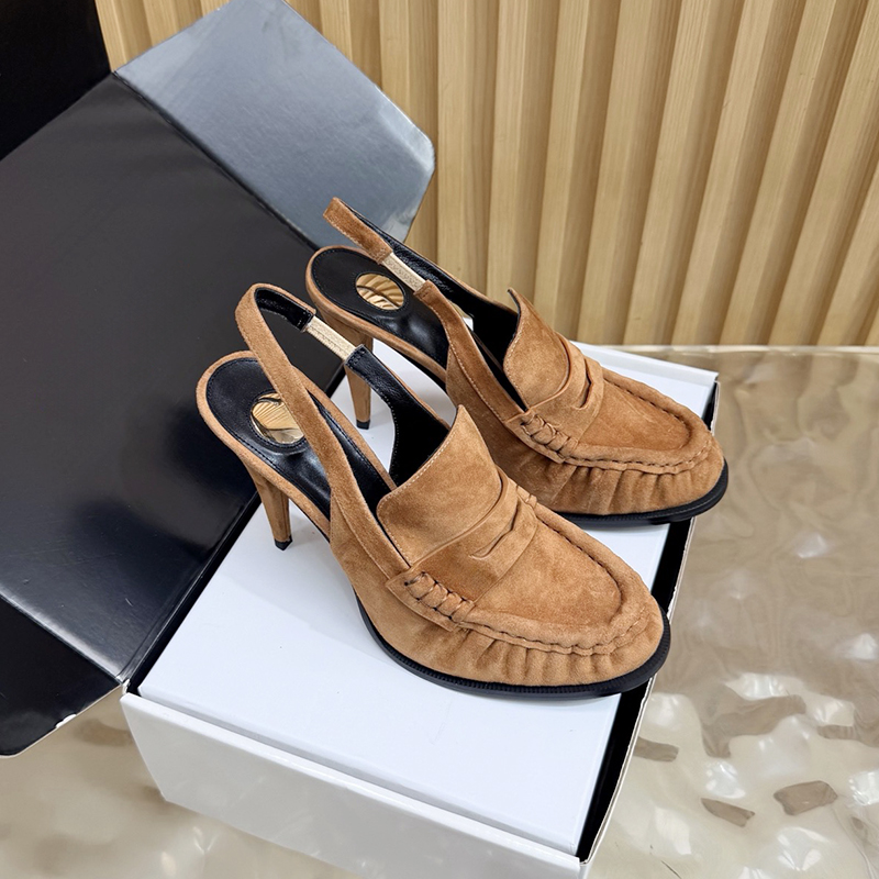 Mocassins en daim plissés de style universitaire de luxe léger de 10 cm de hauteur avec sangles arrière et chaussures vides pour le tempérament d