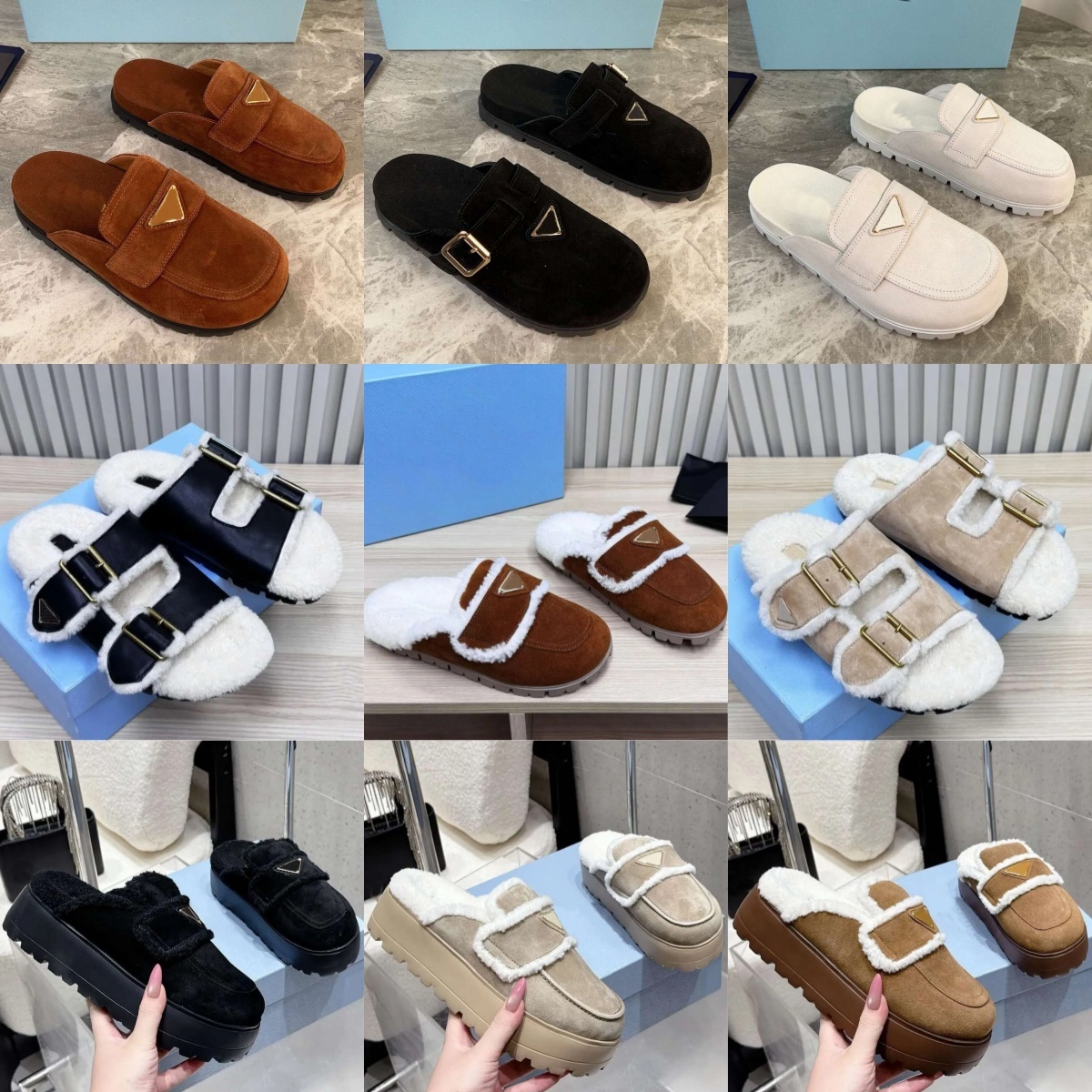 TOP quality Designer Luxury real leather woman fur furry fuzzy slide winter slipper slide fur loafer suede mule platform warm sandale sandalen white