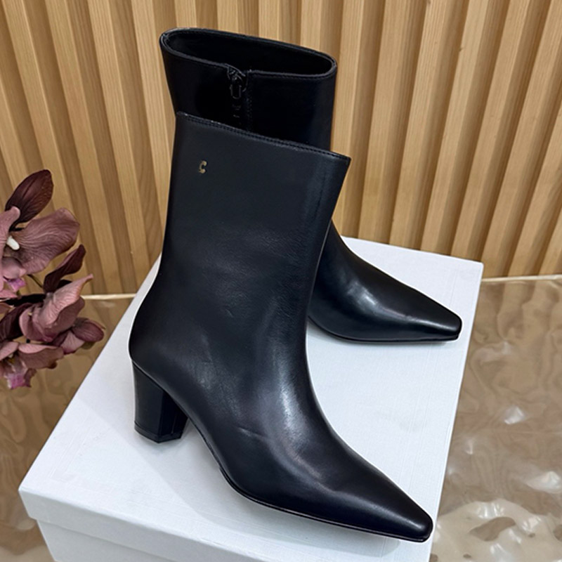 Elegant Formal Nude Boots High quality womens leather Smooth Side Zipper Middle Boot Ladies Pointed Toe Thick Heel Ankle Length Bare Boots