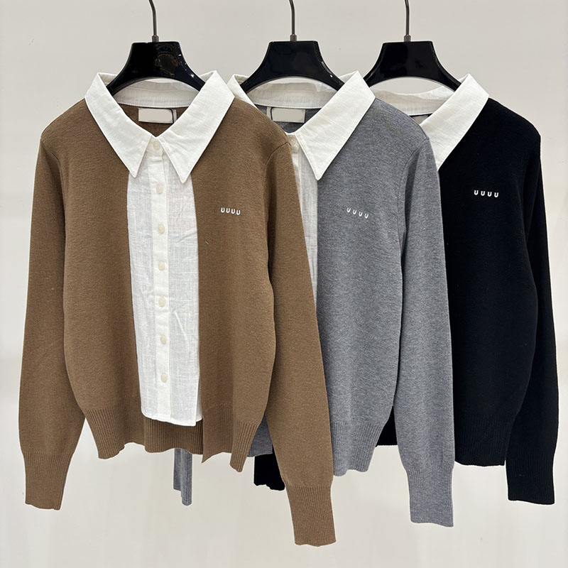 Women Fake Two Piece Knit Tops Letter Polo Long Sleeve T Shirts Korean Style Basic Knitted Sweater Tees for Women